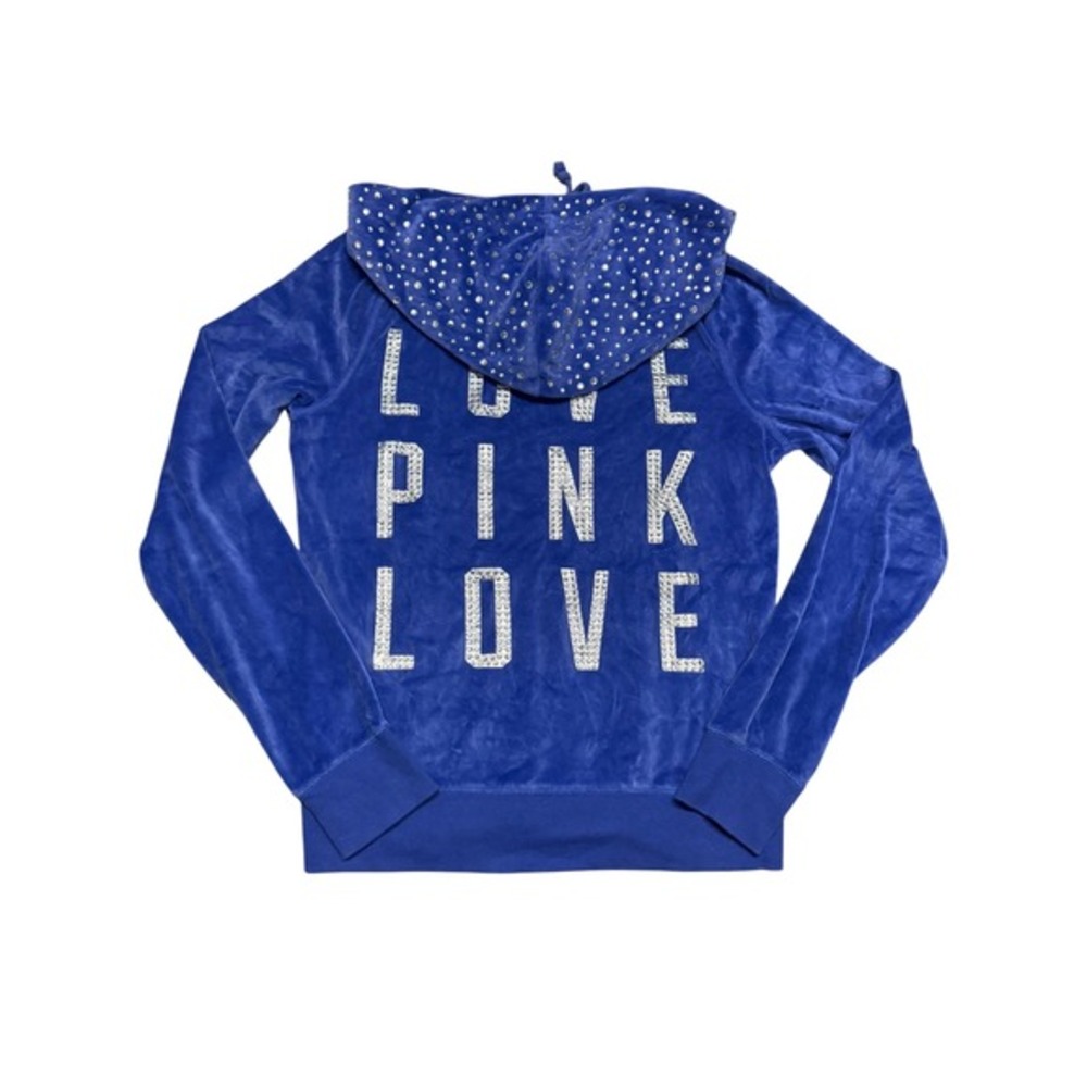 Y2K PINK‎ Rhinestone Crystal Bling Hoodie  Blue Full Zip Velour Bedazzled Size M